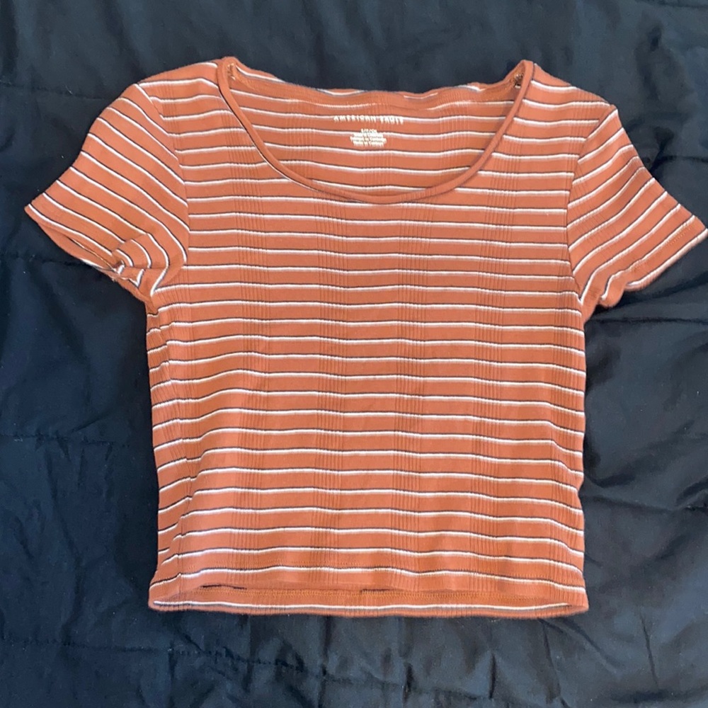 American Eagle Crop Top, Size Small, Deep orange with black and white stripes.